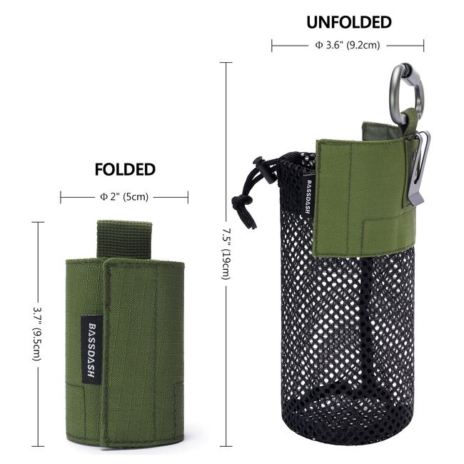 BASSDASH Water Bottle Pouch with Molle Straps Belt Clip Carabiner Foldable  Mesh Holder Bag for Travel