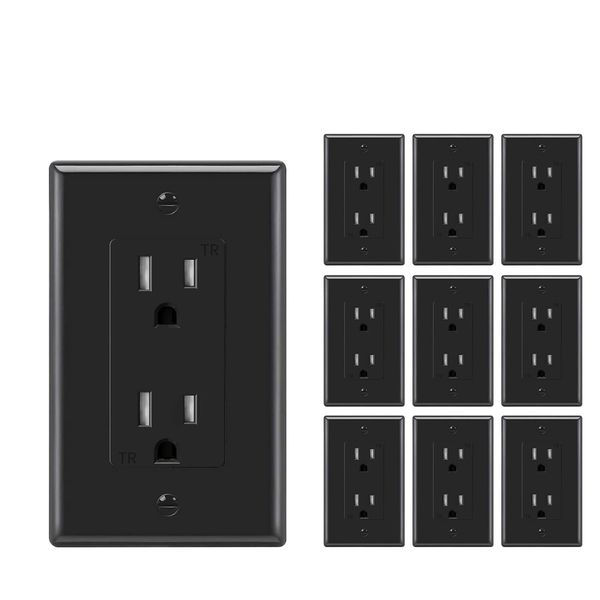 Black Outlet Socket, Decora Duplex Receptacle 15 Amp, 125 Volt With plate 10Pack