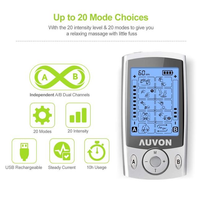AUVON Dual Channel Tens Unit Muscle Stimulator (Family Pack) 20 Modes Rechargeable Tens Machine with Huge Pack of 24 Pcs Reusable Tens Unit