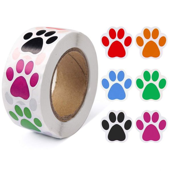 Paw Prints Stickers,(1 Inch/ 500 Stickers) Dog Stickers Dog Puppy Paw Prints Stickers,Colorful Self-Adhesive Labels Animal Decal,Paw Prints Envelope Seal for Classroom Kids (Black+Multi, 1 Inch)