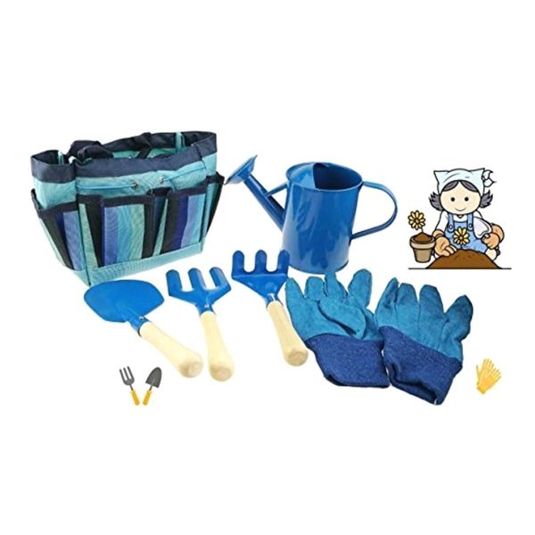 Apol Gardening Tool Set for Kids Children Includes Watering Can Gloves Shovel Rake Fork and Carry Bag Girls Boys Gift (Blue)