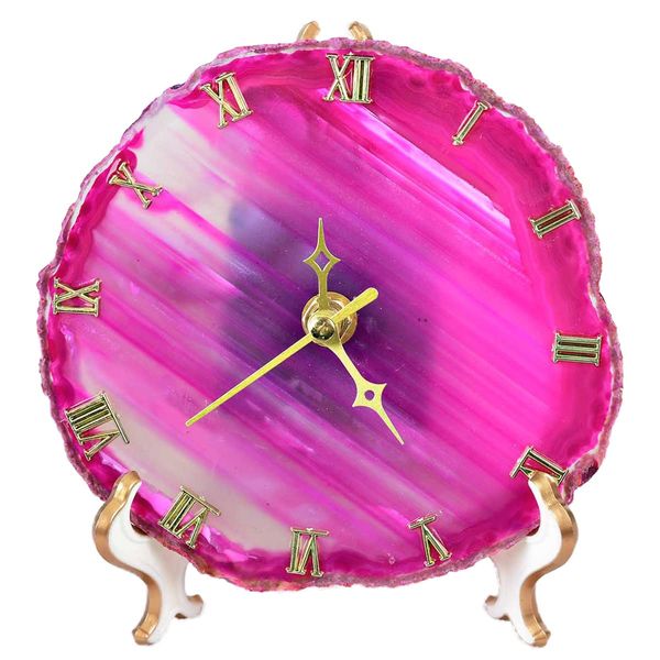 JIC Gem Agate Clock Crystal Desk & Shelf Clocks Home Decor (Pink)