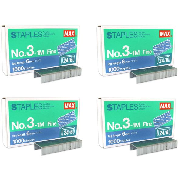 MAX No.3-1M Flat Clinch Staples (24/6) for Office Stapler - 4 Boxes (4,000-Staples)