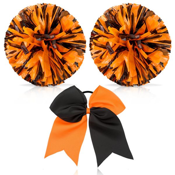 Cheerleading Pom Poms and Large Cheerleader Hair Bow for Girl, 12 Inch Large Metallic Cheer Cheerleader Pom Poms for Sports Team Spirit Cheering (Orange Black Mixed)