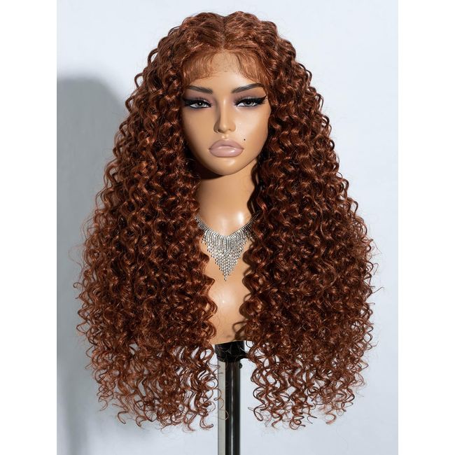 Joedir Lace Front Wig Long Deep Wave Curly Wigs for Women Synthetic Natural Crimps Curls Lace Frontal Wig 24 Inches T-Part Preplucked Hairline Wig with Baby Hair Copper Brown