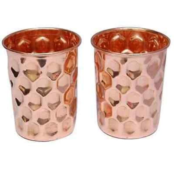 Pure Copper Glass Tumbler Dimond Design Health Yoga Ayurveda Drinkware Set of 2