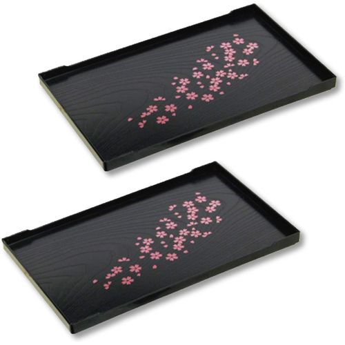 JapanBargain, Set of 2 Japanese Trays Tea Tray Sushi Plate Small Snack Tray Tempura Tray, Wood Grain Pattern, Made in Japan, 10x6.25 inch (Black w/Sakura)