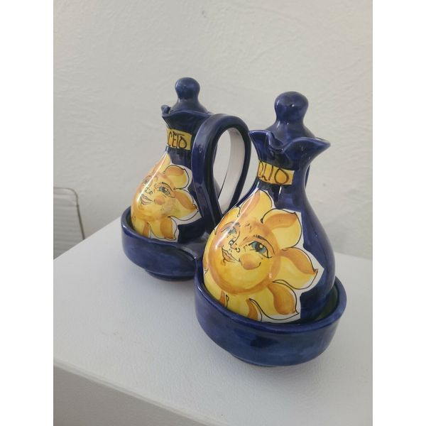 Italy Cruet Oil & Vinegar Set With Caddy W/Stoppers Cobalt Blue Sun Signed New