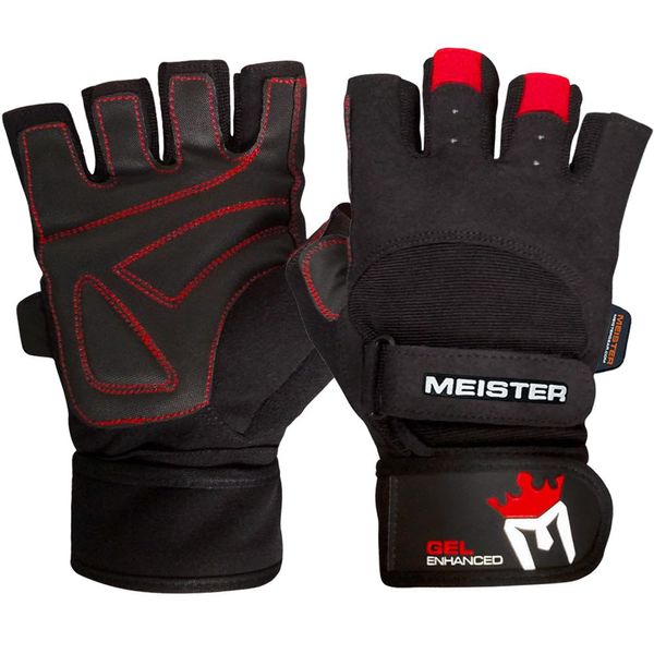 Meister Wrist Wrap Weight Lifting Gloves w/Gel Padding - Black/Red - Large