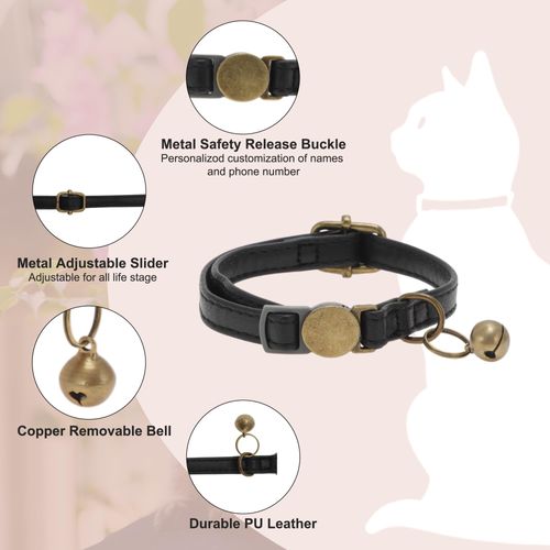 RENEWREVITAL Cat Collar, Adjustable Breakaway Feature, PU Cat Collar Breakaway with Bell Black