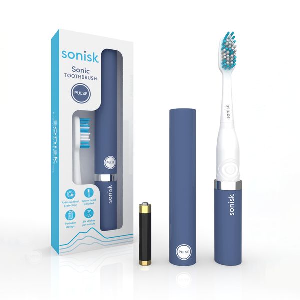 Sonisk Pulse | Battery Powered Electric Toothbrush | Portable Travel Size with Antimicrobial Sonic Technology | 1x Battery, 2X Brush Heads, 1x Travel Case Included (Steel Blue)