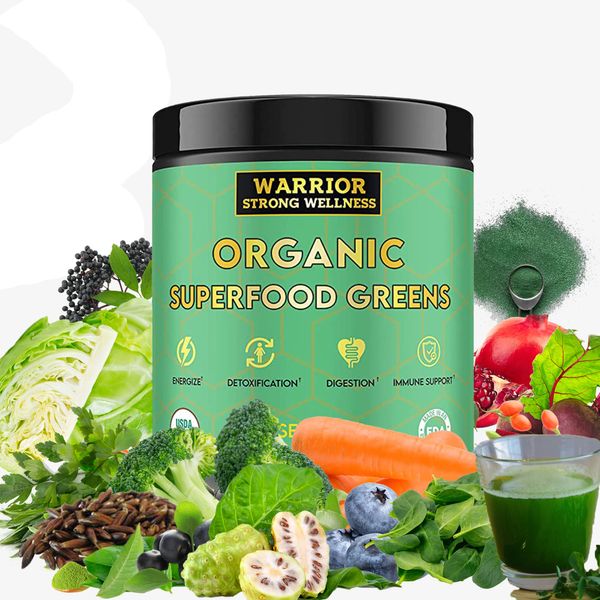 Warrior Strong Wellness Certified Organic Greens Powder - 30 Servings - Green Superfood Powder, Energy Boost Detox Drink, Fruit and Vegetable Powder, Apple Cider Vinegar, Green Tea Extract