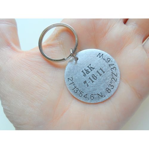 Custom Engraved Coordinates Keychain Aluminum or Steel Disc with Compass Charm, Anniversary Gift Keychain, Special Occasion GPS Keychain