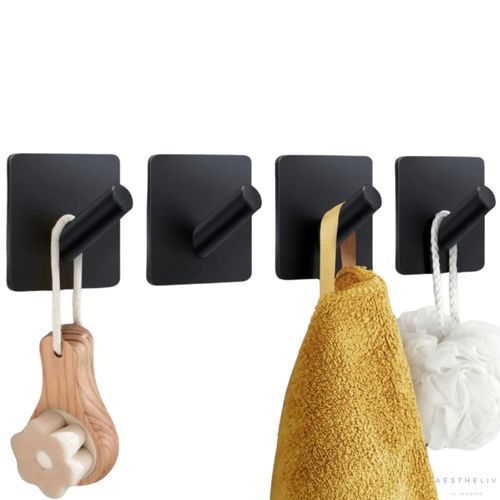AESTHELIV Adhesive Hooks- 4 Pcs, Towel Hooks for Inside Shower, Heavy-Duty Adhesive Wall Hook, Rust-resitant Hooks for Hanging, Sticky Hook for Walls No Damage (Black)