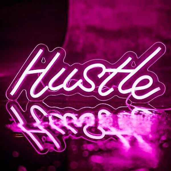 Hustle Neon Sign, LED Lights Sign for Wall Decor, USB Powered Home Pink