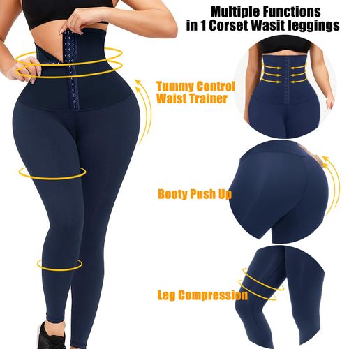 JGS1996 High Waisted Corset Waist Leggings Body Shaper for Women Tummy Control Shapewear Yoga Pants Plus Size Tights A-Navy Blue