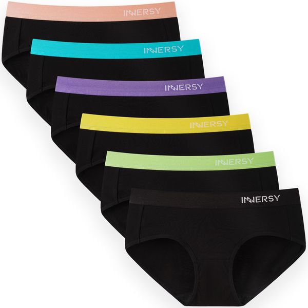 INNERSY Unterhosen Damen Baumwolle Sportunterwäsche Hipster Panties Schwarz Taillenslip 6er Pack (L, Sportliches Schwarz)