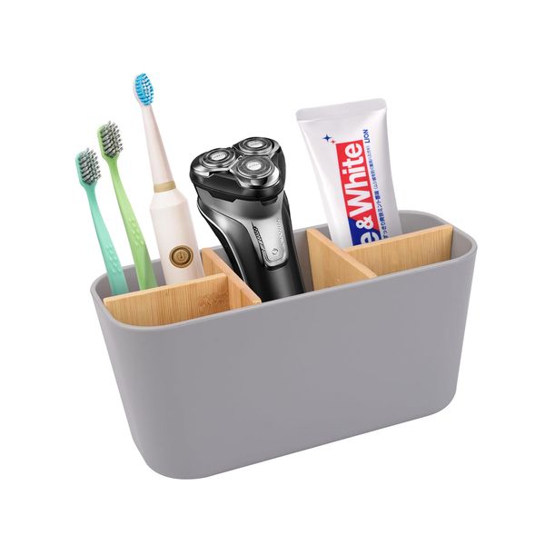 Zahnbürstenhalter mit Bambus Trennwänden, Toothbrush Holder mit 5 Kartenschlitz, Zahnbürstenhalter Elektrische Zahnbürste Stehend, Multifunktionale Badezimmer Organizer für Familie