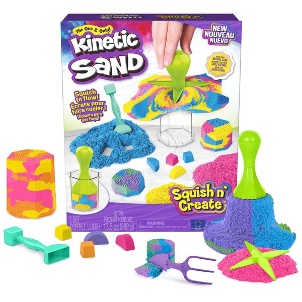 Kinetic Sand, Squish N’ Create Playset, with 13.5oz of Blue, Yellow, and Pink Play Sand, 5 Tools, Easter Basket Stuffers & Sensory Toys for Ages 3+