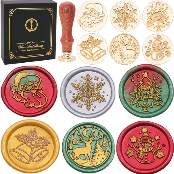 SWANGSA Christmas Wax Seal Stamp Gift Box Set, Vintage 6 Sealing Stamp Heads + 1 Wooden Hilt, Wax Stamp Kit for Christmas Party Invitations, Cards and Gift Packaging (Christmas Kit)