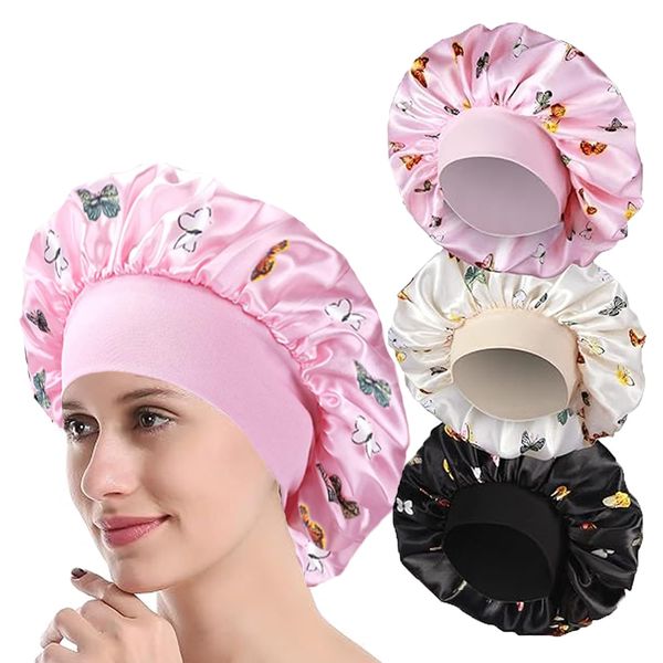 3 Pack Satin Bonnet, Silk Bonnet Hair Wrap for Sleeping, Night Sleep Caps with Wide Elastic Band, Hair Care Head Cover for Long, Straight and Curly Hair (Pink,Black,White)