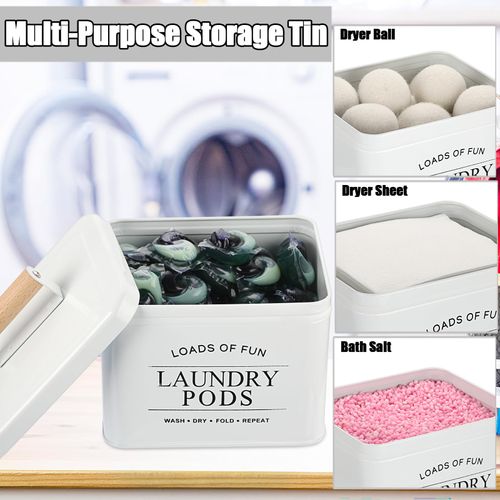 OGANAZI Metal Laundry Pod Holder Powder Holder Farmhouse Laundry Pods Container with Handle Lid, Powder Dispenser Dryer Sheet Dispenser for Laundry Room Organization Decor - 7.2" x 6.2" x 5.1", White