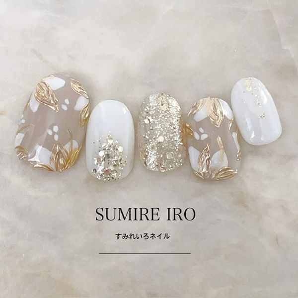 Nail tips False nails Bridal nails Short Coming-of-age nails Design Simple nails Nail Beige nails Small nails Large nails Very short Chibi nails Adult nails False nails Custom nails<br> [o2162] Greige mirror flower white gradation glitter