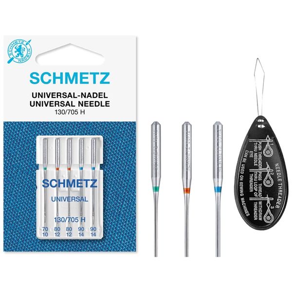 Universal (Regular/Standard) Sewing Machine Needles, Various Assorted Mixed Sizes 70/10 (1), 80/12 (2) & 90/14 (2), Includes Large Needle Threader