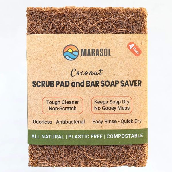 Marasol Soap Saver and Scrub Pad (4) | Coconut Fiber - Compostable | Plastic Free - Zero Waste | Bar Soap Holder | Tough Non-Scratch Scour Pad | Vegetable Brush | 4-Pack