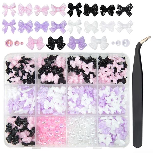 qiipii 5 Styles Bows Nail Charms 3D Black White Pink Purple Bowknot Charms for Nails Crafting Flatback Half Pearls Beads Nail Art Supplies Jewels Decor for Acrylic Nails Face Eyes Makeup DIY Crafts