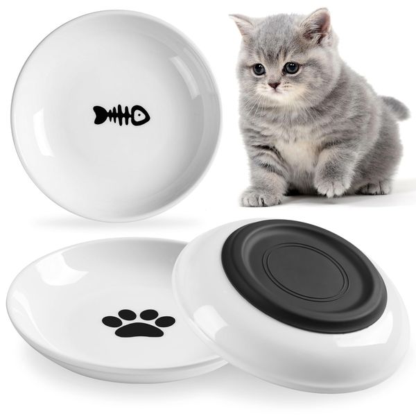 WROSWT Cat Food Bowl,Healthy Ceramic Cat Bowls for Indoor Cats,Anti Whisker Fatigue Cat Dishes Set,Shallow Wide Kitten Plates for Food and Water,Non-Slip Silicone Bottom,3 Pack