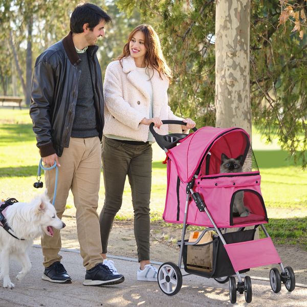 Folding Dog Stroller Travel Carrier Small Medium Cat Pet w/ Safe Cup Holder Pink