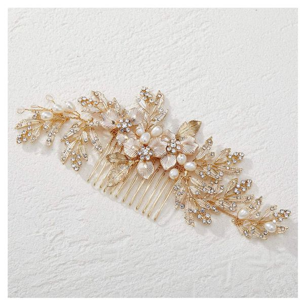 SWEETV Handmade Wedding Hair Comb Clip Rhinestone Bridal Hair Comb Piece, Gold Hair Accessories for Brides Wedding