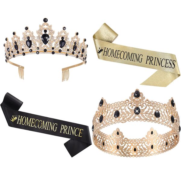 Saintrygo 4 Pcs Homecoming Prince and Homecoming Princess Prom Court Sashes Crowns 80s Prom Tiara Shiny Satin Cosplay (Dark Style)
