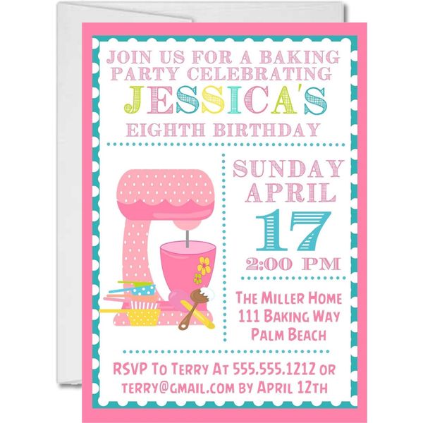 Baking Birthday Party Invitations with Envelopes, Kitchen Party Invitations (Bright Pastel)