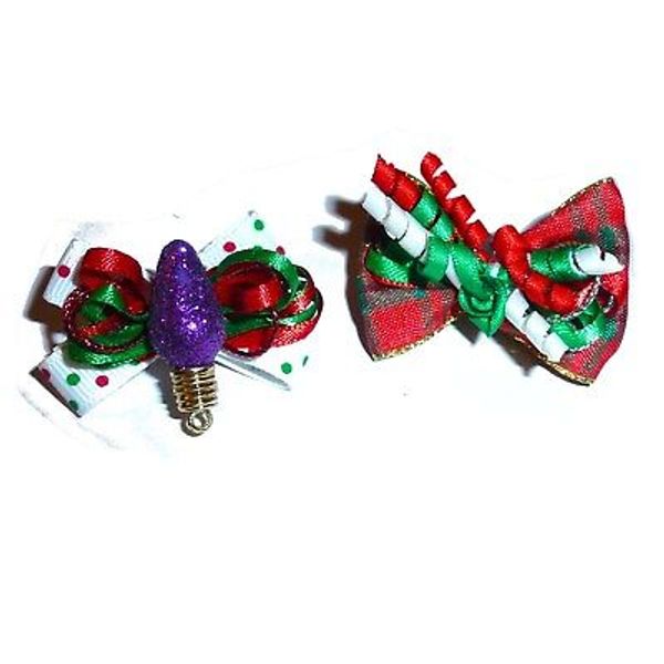 Christmas light bulb twirly korker pet hair dog  bow barrettes or bands (FB456)