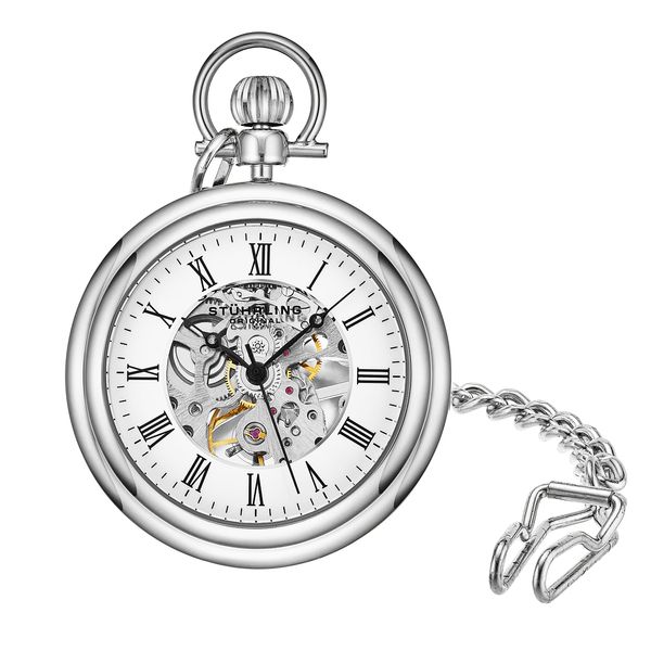 Stuhrling Original Men's Pocket Watch Stainless Steel Analog Skeleton Watch Hand Wind Mechanical Movement Stainless Steel Chain