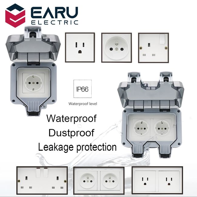 110V 2Gang Outdoor Wall Switch Socket IP66 Waterproof Dust Proof Power  Outlet US