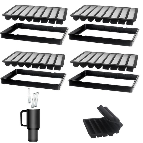 Water Bottle Ice Cube Trays for Freezer - Silicone Ice Stick Mold with Support Fame, Long Ice Cube Maker for Chilling Whiskey, Cocktails, Coffee - Reusable Easy-Release Narrow Ice Tray (Black 4 Tray)