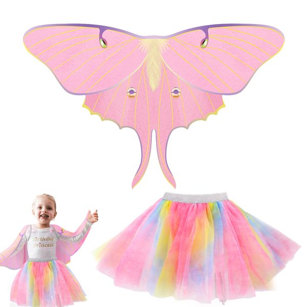 Creatoy Fairy-Costume for Girls Butterfly Wings with Rainbow Tulle Tutu Toddler Skirt Silky Fairy-Wings Princess Dress Up Costumes Halloween Birthday Party Favors (Pink)