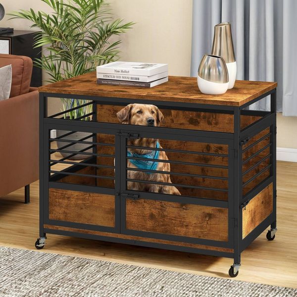 39.4 Inch Dog Kennel Indoor Furniture End Table Dog Crate Modern with Wheels