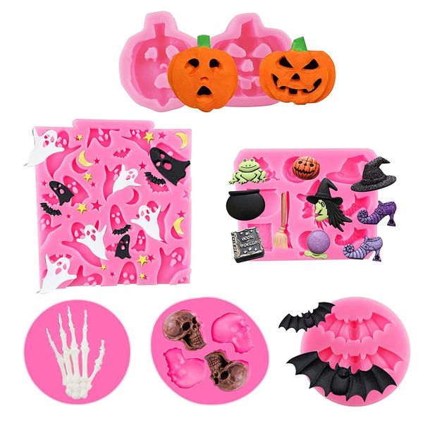 6 Pcs Halloween Fondant Molds, Mini Halloween Silicone Molds Pink Polymer Clay Molds for Chocolate Candy Baking Mold Skelton Hand Skull Pumpkin Spider Ghost Witch Mold for Halloween Party