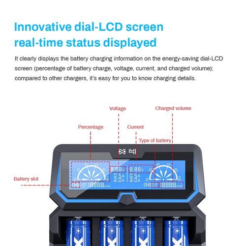 XTAR X4 Protected 21700 Battery Charger 18650 Charger LCD Display AC and USB Input Port with Wall charger 2A Fast Charger USB Output for Rechargeable 3.6V 3.7V Li-ion 1.2V Ni-MH Ni-CD Batteries