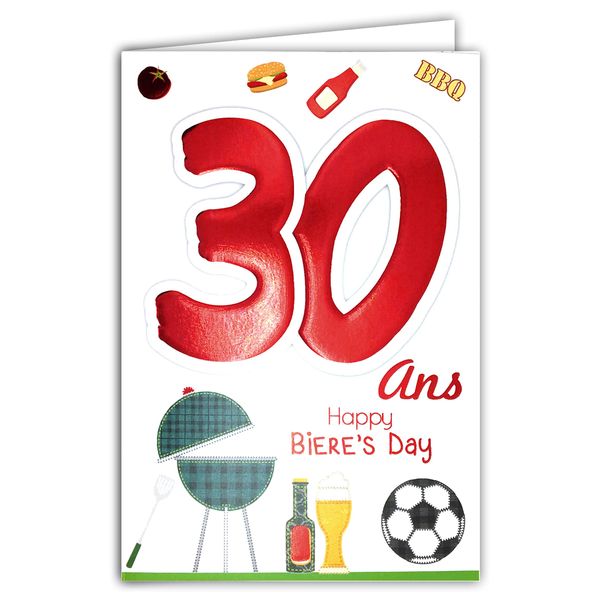 MV 69-2028 Age 30 Birthday Card Man with Beer Football Ball Barbecue BBQ Hamburger Party Friends