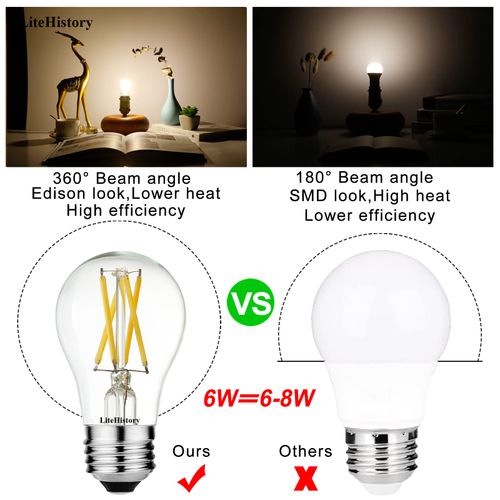 LiteHistory A15 LED Bulb 6W Equal E26 Bulb 60 Watt Non-Dimmable E26 Edison Bulb Neutral White 4000K Clear AC120V 600LM E26 LED Bulb for Ceiling Fan,Wall sconces,Fridge,Desk lamp Pack of 6