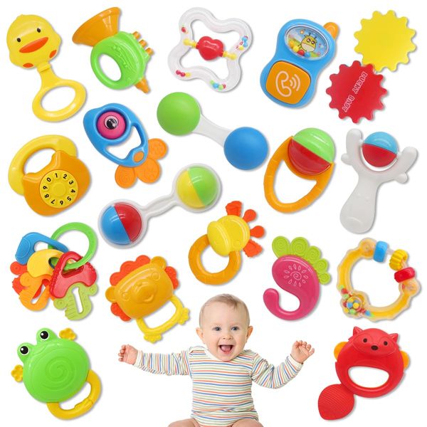 Qizebaby 21PCS Baby Rattles Toys Set, Baby Toys 3-6 Months, Infant Grab and Shake Rattle, Sensory Teether, Music Learning Toys for 3 4 5 6 7 8 9 10 11 12 Month 1 Year Old Toys for Newborn Boys Girls