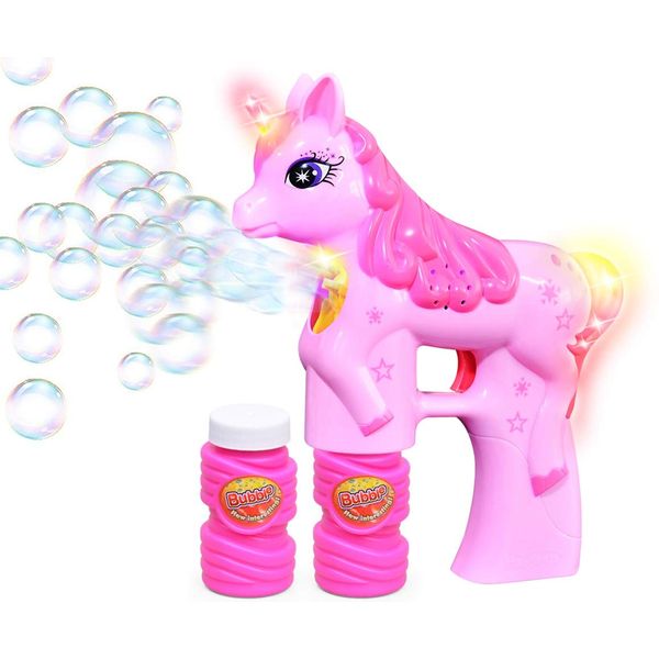 Unicorn Bubble Gun Bubble Blaster Toy for Party Favors Parent-Friendly Sound-Free Design, Extra Refill Bottle and Batteries Included