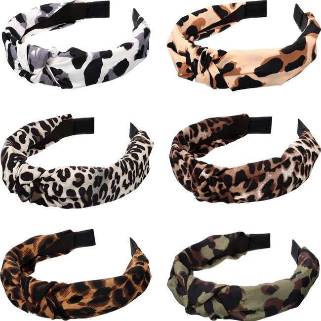 WILLBOND 6 Pieces Leopard Headbands Wide Knot Dot Hairbands Turban Headbands Soft Satin Hair Accessories for Women Girls (Classic Colors)