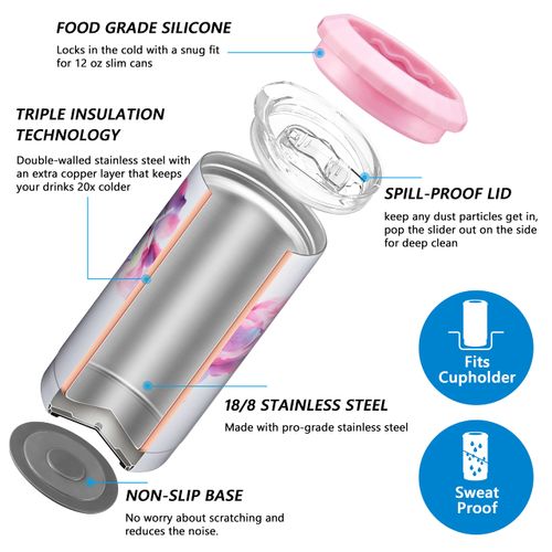 Skinny Can Cooler Vacuum Insulated - THILY Stainless Steel Drink Sleeve Holder for 12 oz Slim Cans | 2 in 1 Insulated Mug with Lid, for Slim Beer & Hard Seltzer, 2 Pack(Pink Lilies + Lotus Flower)