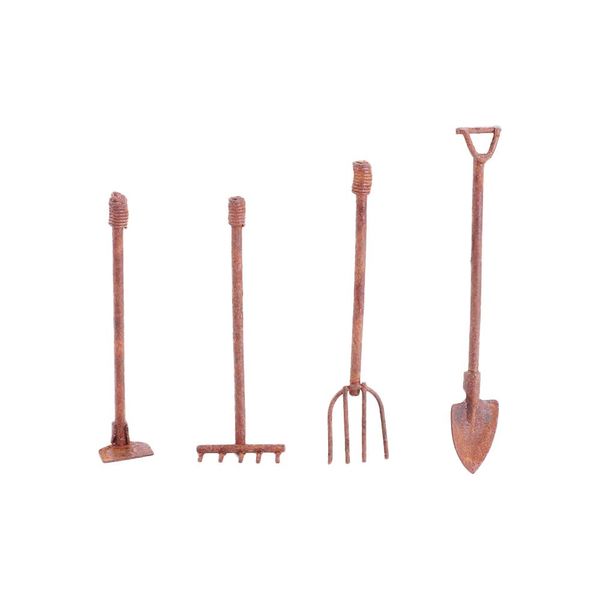 4Pcs Dollhouse Farming Tools, 1:12 Scale Miniature Rusty Metal Shovel Hoe and Pitchfork Kit Dolls House Furniture Accessories for Garden Landscape